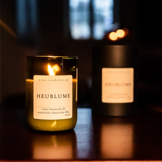 Heublume Duftkerze – Handgefertigte Sojawachskerze – 250ml – Natürlicher Wiesenduft mit ätherischen Kräutern & Heu – Nachhaltige Kerze im Upcycling-Glas - Oasis of Life