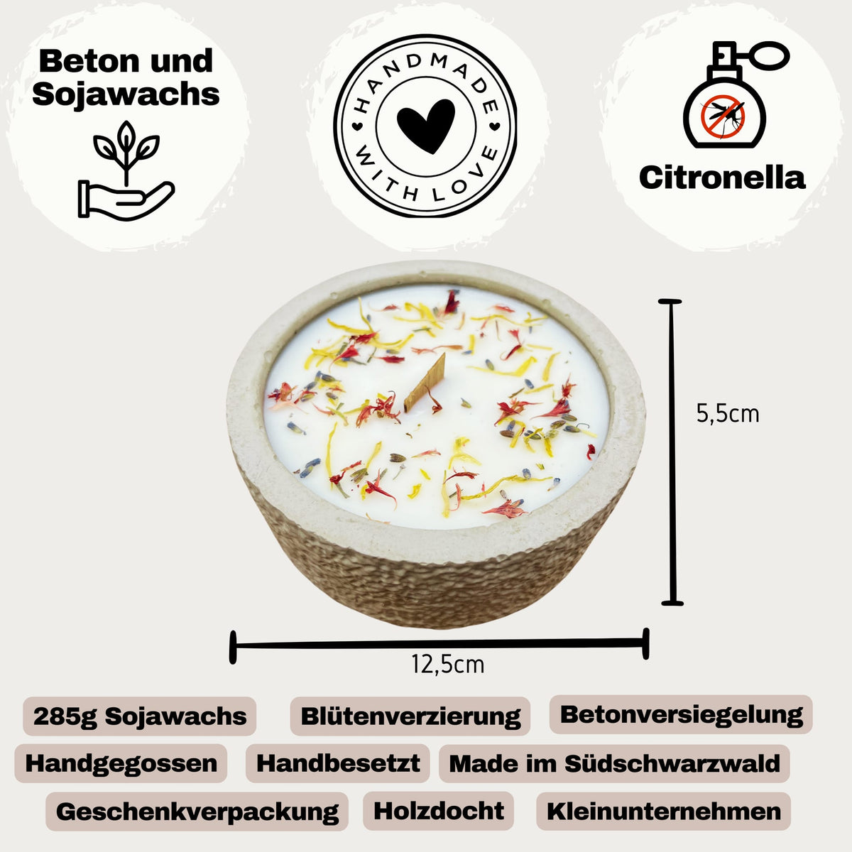 Limitierte Einzelstücke: Outdoor Citronella-Betonkerze „Mugge Schreck“ – Handgemachter Insektenschutz aus dem Südschwarzwald