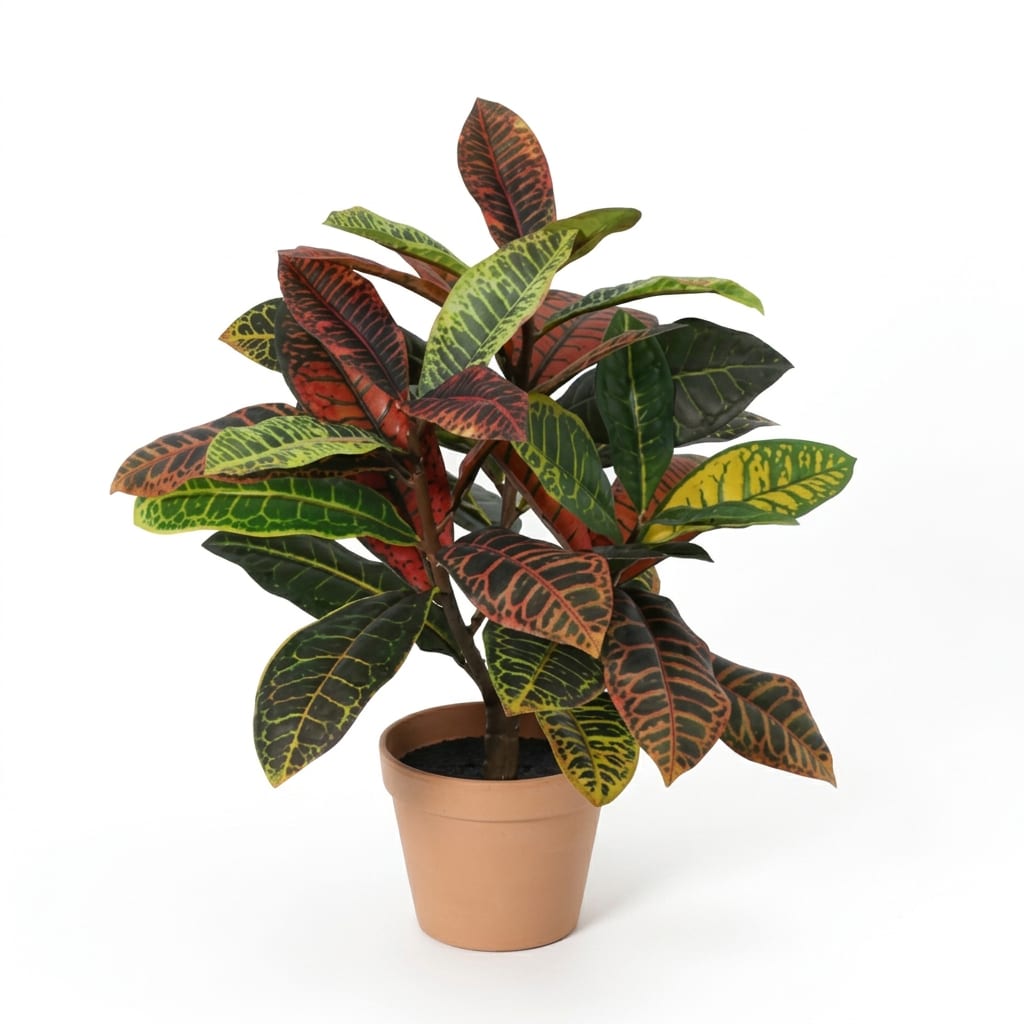 Künstlicher Croton Codiaeum 40cm Wunderstrauch im Topf – bunte Kunstpflanze mit dekorativen Blättern – pflegefreie Zimmerdeko für Regal, Fensterbank & Schreibtisch – ganzjährig farbstark, ohne Gießen