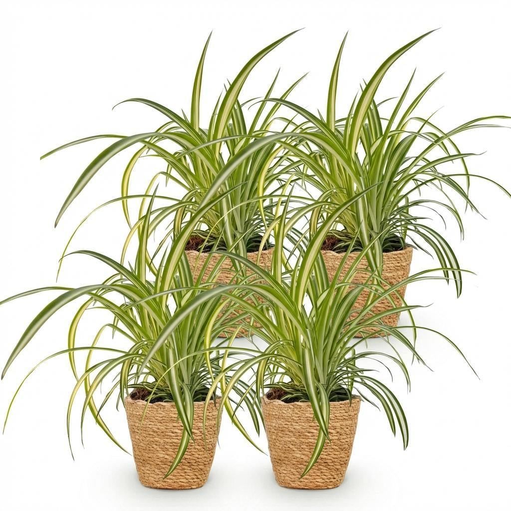 Green boutiQ - Zimmerpflanze - Chlorophytum comosum Variegatum - Bunte Graslilie - Haustierfreundliche Pflanze - Grün - 4 Pflanzen - mit Korb - Topf 12cm - Höhe 20cm