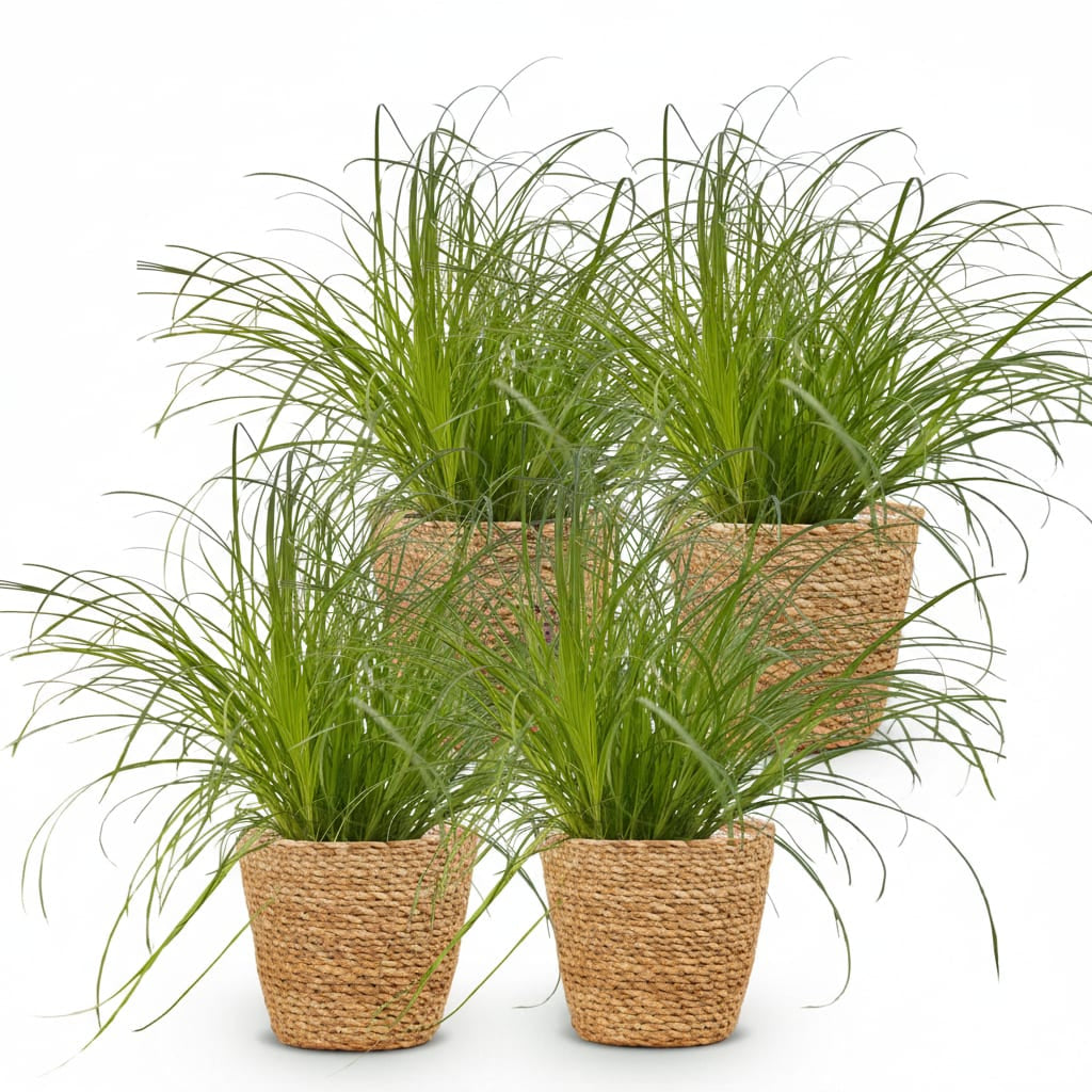 Green boutiQ - Zimmerpflanze - Cyperus alternifolius Zumula - Katzenpflanze - Haustierfreundliche Pflanze - Grün - 4 Pflanzen - mit Korb - Topf 12cm - Höhe 20cm