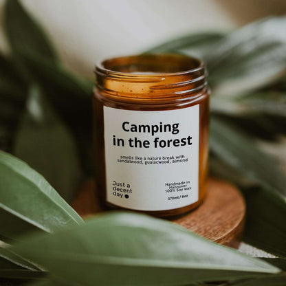 Duftkerze Camping in the Forest – Waldduft Kerze aus Sojawachs – 170ml – Warm & holzig mit Sandelholz Guajak & Mandel – Aromakerze im Glas