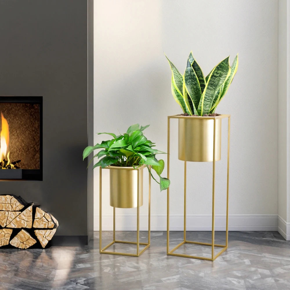 Blumenständer Set 2 Stück Metall Gold – Pflanzständer modern quadratisch für Blumentöpfe 21x45cm & 25x70cm – Pflanzenhalter Indoor für Wohnzimmer, Balkon & Events 