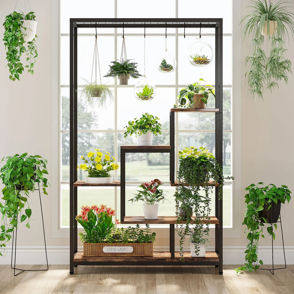 Tribesigns 5 Tiers Tall Indoor Plant Stand 70.9 inches Large Metal Plant Shelf with 10 PC S Hanging Hooks for Garden 