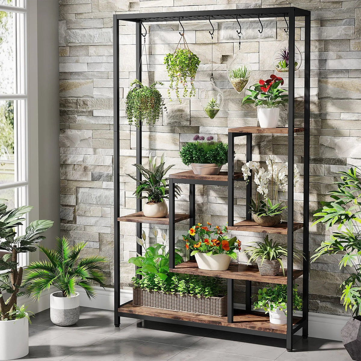 Tribesigns 5 Tiers Tall Indoor Plant Stand 70.9 inches Large Metal Plant Shelf with 10 PC S Hanging Hooks for Garden 