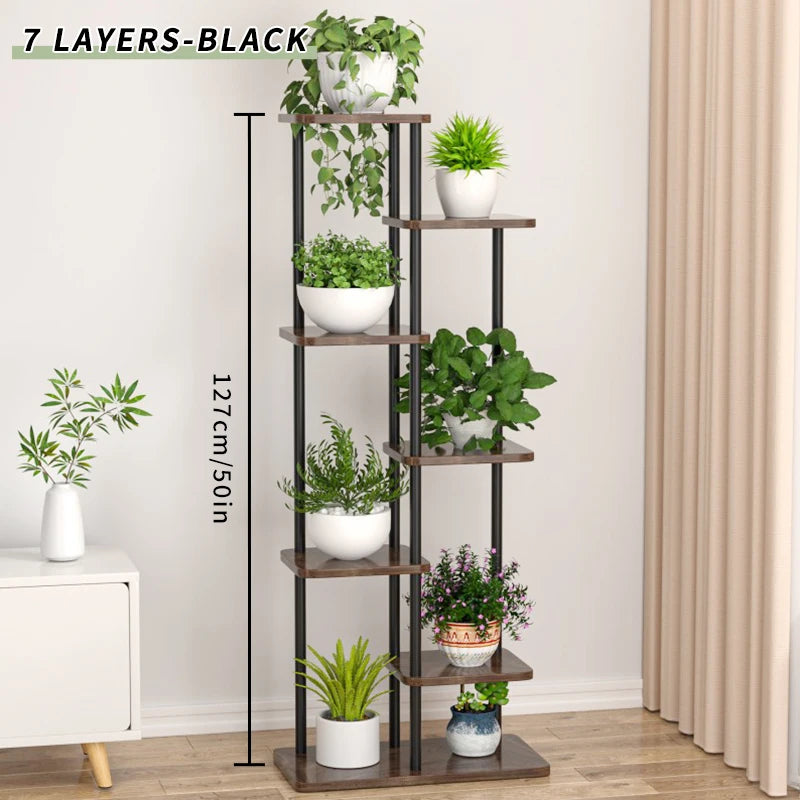 Pflanzenregal Metall schwarz mit 6/7/8 Ebenen – Blumenständer Eisen Pflanzständer für drinnen & draußen – Pflanzenhalter Regal für Garten, Balkon & Wohnzimmer 