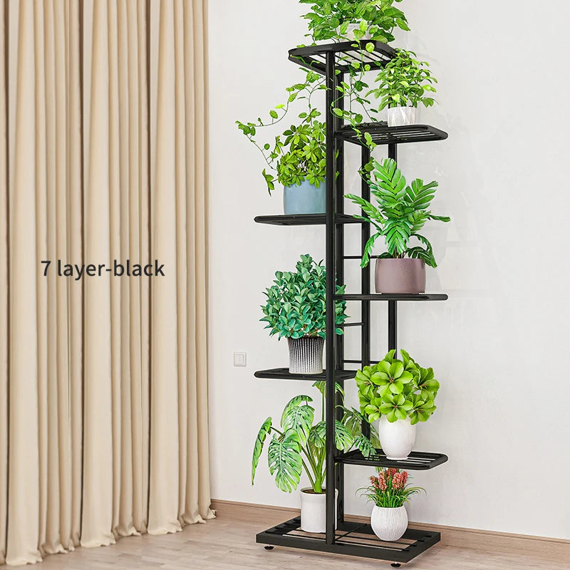 Pflanzenregal Metall schwarz mit 6/7/8 Ebenen – Blumenständer Eisen Pflanzständer für drinnen & draußen – Pflanzenhalter Regal für Garten, Balkon & Wohnzimmer 