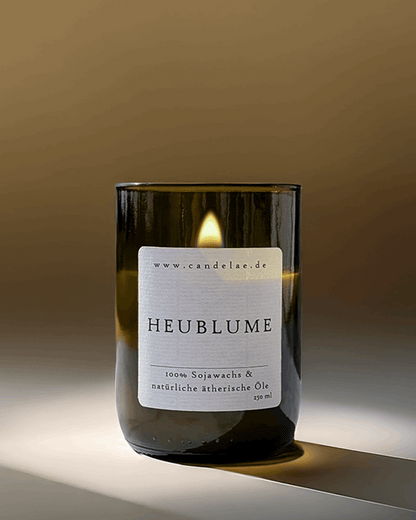 Heublume Duftkerze – Handgefertigte Sojawachskerze – 250ml – Natürlicher Wiesenduft mit ätherischen Kräutern & Heu – Nachhaltige Kerze im Upcycling-Glas