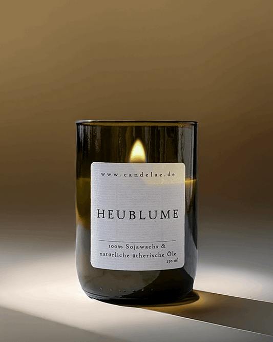 Heublume Duftkerze – Handgefertigte Sojawachskerze – 250ml – Natürlicher Wiesenduft mit ätherischen Kräutern & Heu – Nachhaltige Kerze im Upcycling-Glas