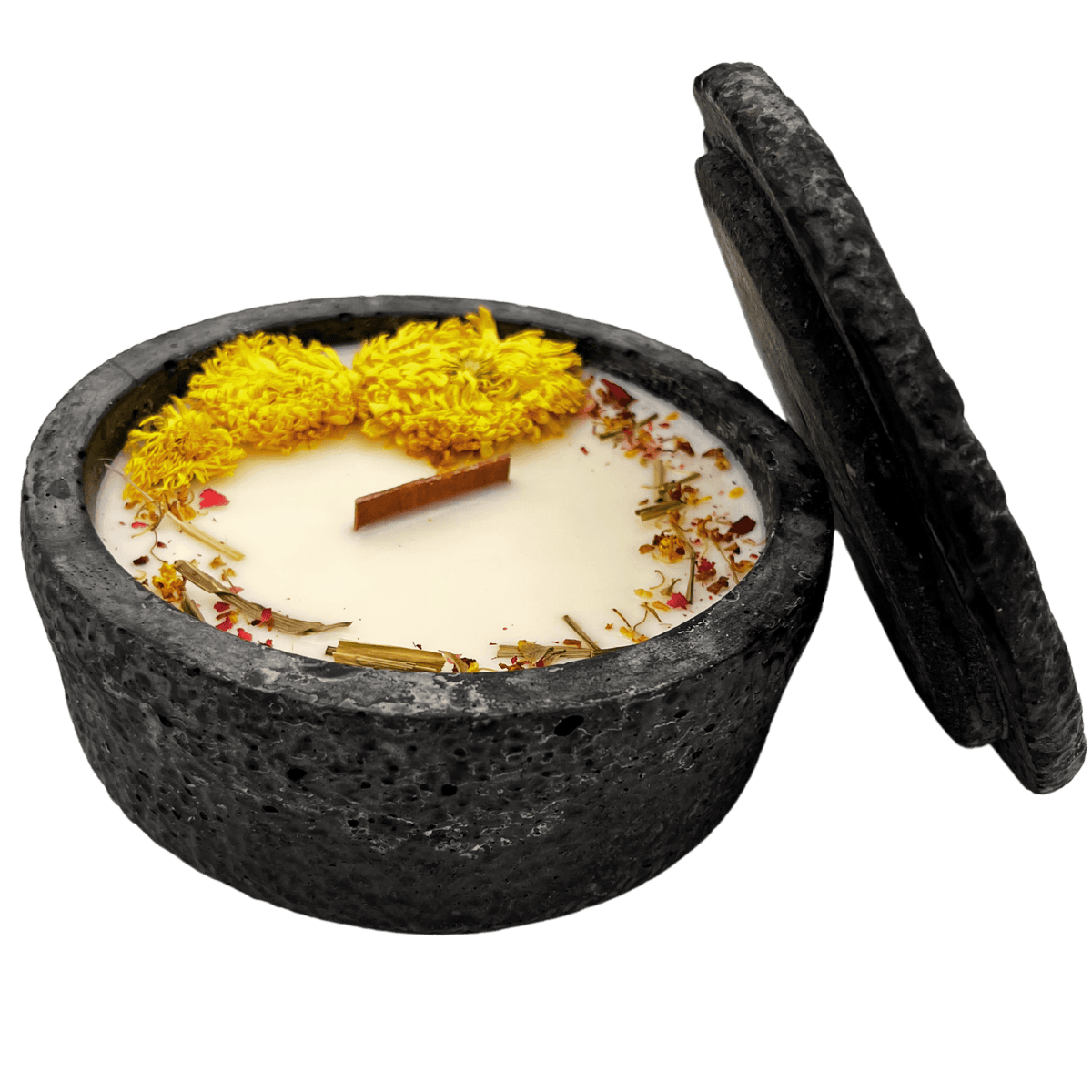 Black Edition HANDGEMACHTE Citronella BETONKERZE - Stilvolle Sojawachskerze für Ihr Zuhause. Outdoor Kerze mit Blütenverzierung und HOCHWERTIGEM Holzdocht aus dem Südschwarzwald 