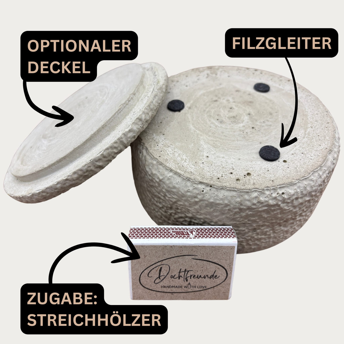 Outdoor Citronella-Betonkerze „Mugge Schreck“ – Handgemachter Insektenschutz aus dem Südschwarzwald mit Blütenverzierung 