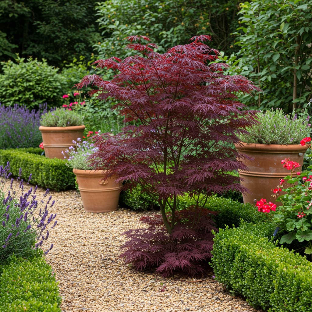 Japanischer Ahorn Acer palmatum Bloodgood – Balkonpflanze – Rot – Laubabwerfend – 19 cm – Ca. 70 cm hoch – Für Beet, Terrasse & Balkon – Auffällige Herbstfärbung 