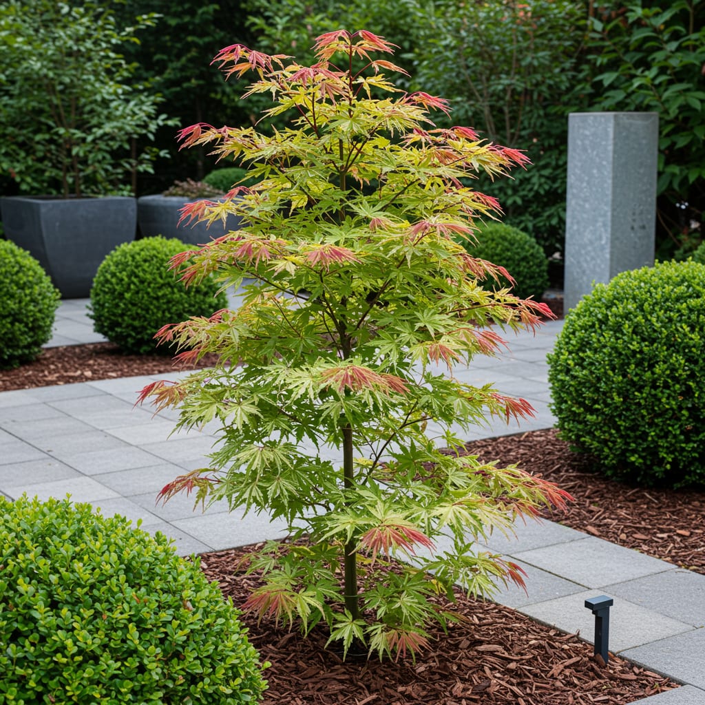 Japanischer Ahorn Acer palmatum 'Phoenix' – Rosa-Rot – Balkon- & Gartenpflanze – Ø19 cm – Ca. 70 cm hoch – Handförmiges Laub mit intensiver Herbstfärbung 