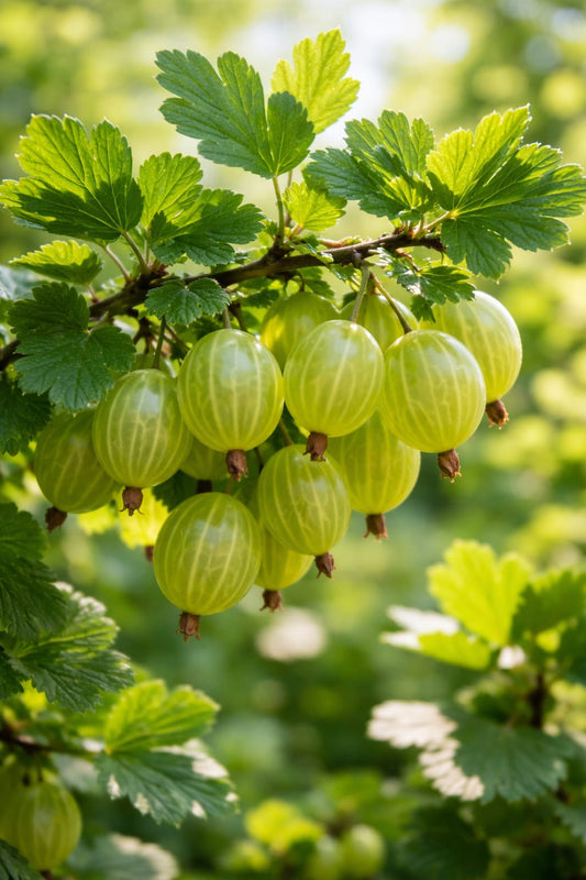 Stachelbeere Ribes uva-crispa Hinnonmäki Grün 2 Pflanzen winterhart 15cm 50cm Obstpflanze für Garten Balkon Terrasse grüne Beeren pflegeleicht 