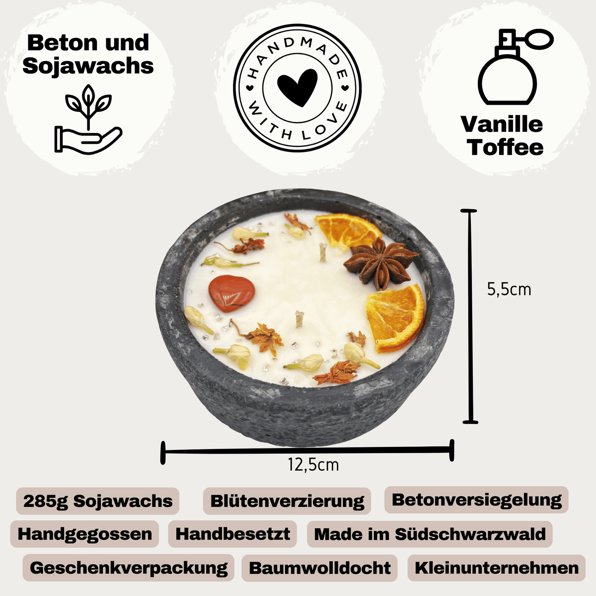 Handgemachtes Betonkerzen-Set 3x Schwarz "Black Cinnamon" - Stilvolle Sojawachskerze für Ihr Zuhause. Aromatherapie Kerze mit Blütenverzierung und HOCHWERTIGEM Baumwolldocht aus dem Südschwarzwald 