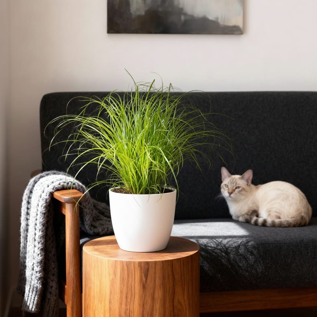 Green boutiQ - Zimmerpflanze - Cyperus alternifolius Zumula - Katzenpflanze - Haustierfreundliche Pflanze - Grün - 1 Pflanze - mit Potter Weiß - Topf 12cm - Höhe 20cm 
