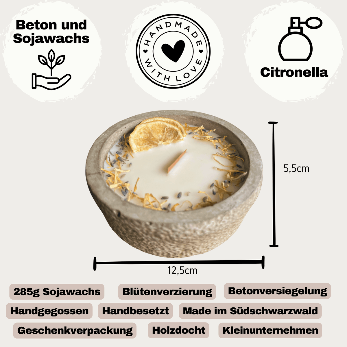 HANDGEMACHTE Citronella BETONKERZE Schwarz - Stilvolle Sojawachskerze für Ihr Zuhause. Outdoor Kerze mit Blütenverzierung und HOCHWERTIGEM Holzdocht aus dem Südschwarzwald 