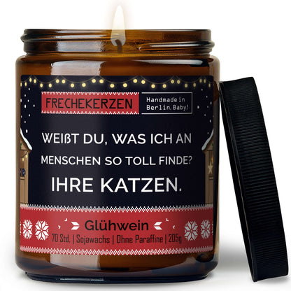 Lustige Duftkerze mit Spruch „weißt du, was ich an menschen so toll finde? ihre katzen.“ – Kerze im Glas für Katzenfans – Humorvolle Geschenkidee