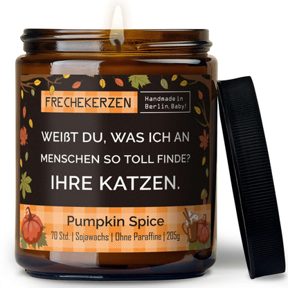 Lustige Duftkerze mit Spruch „weißt du, was ich an menschen so toll finde? ihre katzen.“ – Kerze im Glas für Katzenfans – Humorvolle Geschenkidee