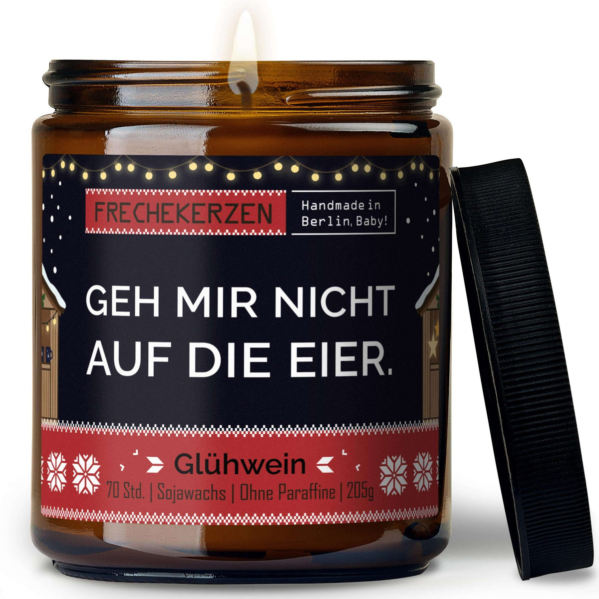 Duftkerze mit Deckel und Spruch „geh mir nicht auf die eier“ – Lustige Kerze im Glas – Humorvolle Geschenkidee & freche Deko