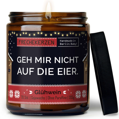 Duftkerze mit Deckel und Spruch „geh mir nicht auf die eier“ – Lustige Kerze im Glas – Humorvolle Geschenkidee & freche Deko