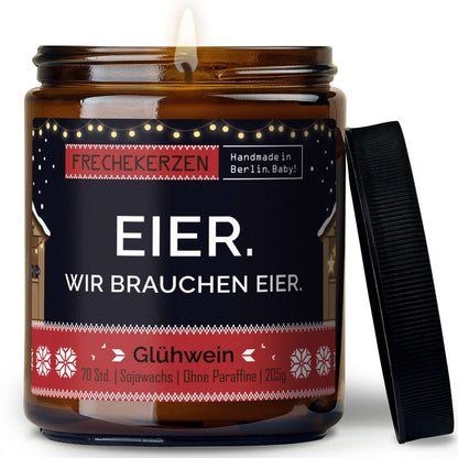Freche Duftkerze mit Spruch „eier. wir brauchen eier.“ – Lustige Kerze im Glas – Humorvolle Oster Geschenkidee & moderne Deko