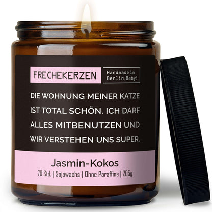 Geschenkkerze mit Spruch „die wohnung meiner katze ist total schön…“ – Lustige Duftkerze im Glas für Katzenfreunde – Humorvolle Wohnungs Deko
