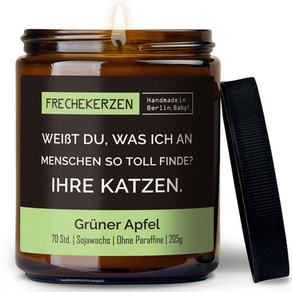 Lustige Duftkerze mit Spruch „weißt du, was ich an menschen so toll finde? ihre katzen.“ – Kerze im Glas für Katzenfans – Humorvolle Geschenkidee
