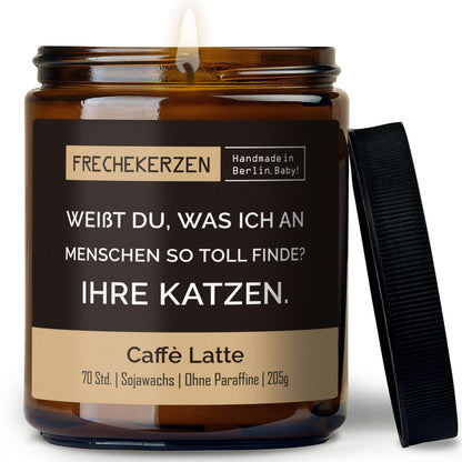 Lustige Duftkerze mit Spruch „weißt du, was ich an menschen so toll finde? ihre katzen.“ – Kerze im Glas für Katzenfans – Humorvolle Geschenkidee