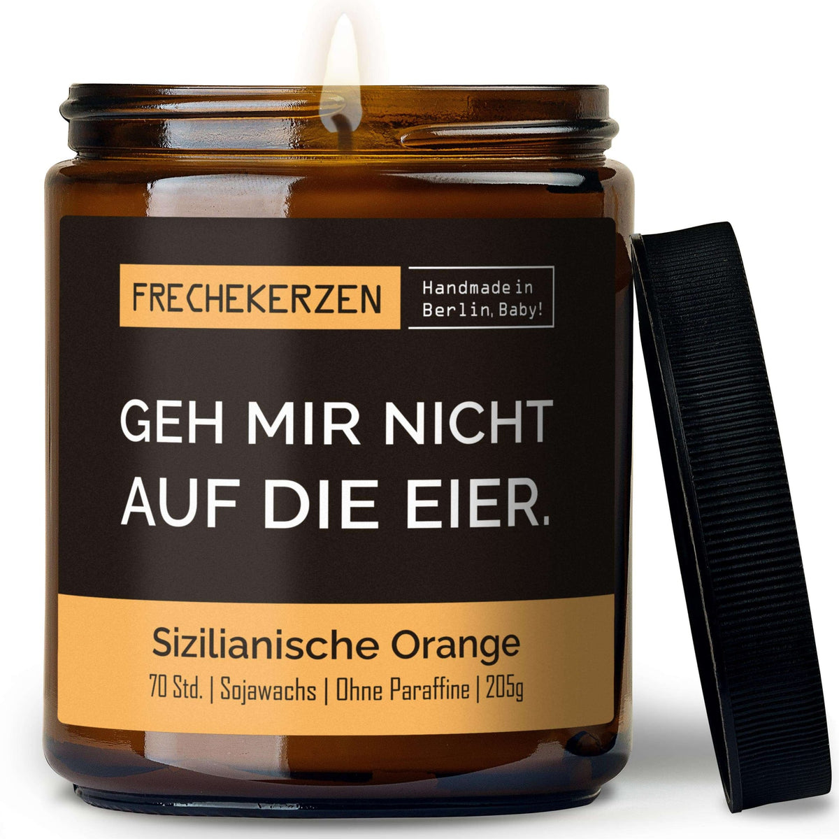 Duftkerze mit Deckel und Spruch „geh mir nicht auf die eier“ – Lustige Kerze im Glas – Humorvolle Geschenkidee & freche Deko