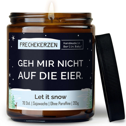 Duftkerze mit Deckel und Spruch „geh mir nicht auf die eier“ – Lustige Kerze im Glas – Humorvolle Geschenkidee & freche Deko