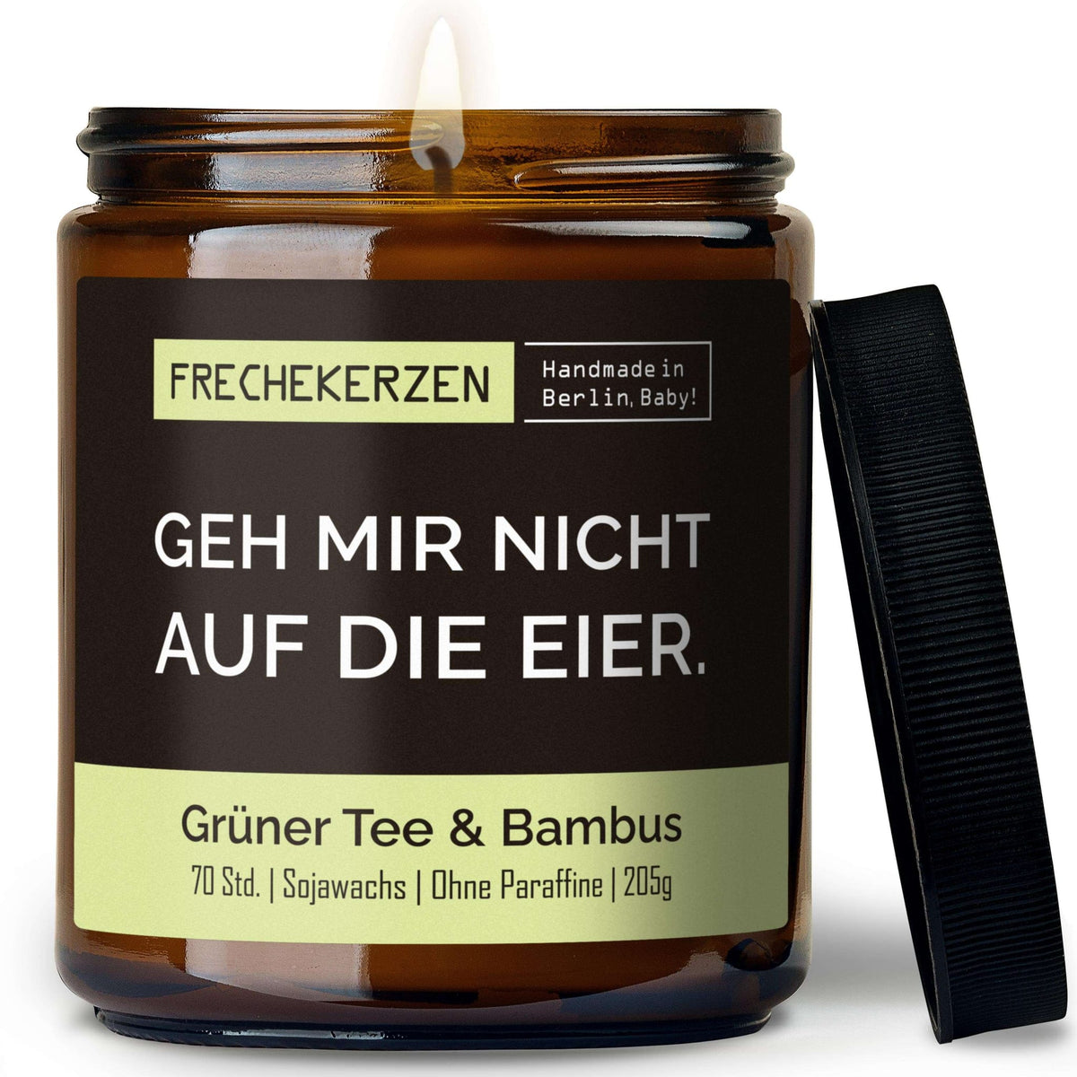 Duftkerze mit Deckel und Spruch „geh mir nicht auf die eier“ – Lustige Kerze im Glas – Humorvolle Geschenkidee & freche Deko