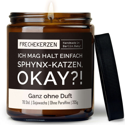 Duftkerze mit Spruch „ich mag halt einfach sphynx-katzen, okay?!“ – Lustige Kerze im Glas für Katzenfans – Originelle Geschenkidee & Deko