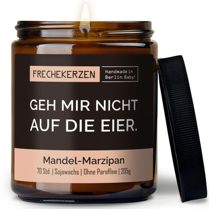 Duftkerze mit Deckel und Spruch „geh mir nicht auf die eier“ – Lustige Kerze im Glas – Humorvolle Geschenkidee & freche Deko