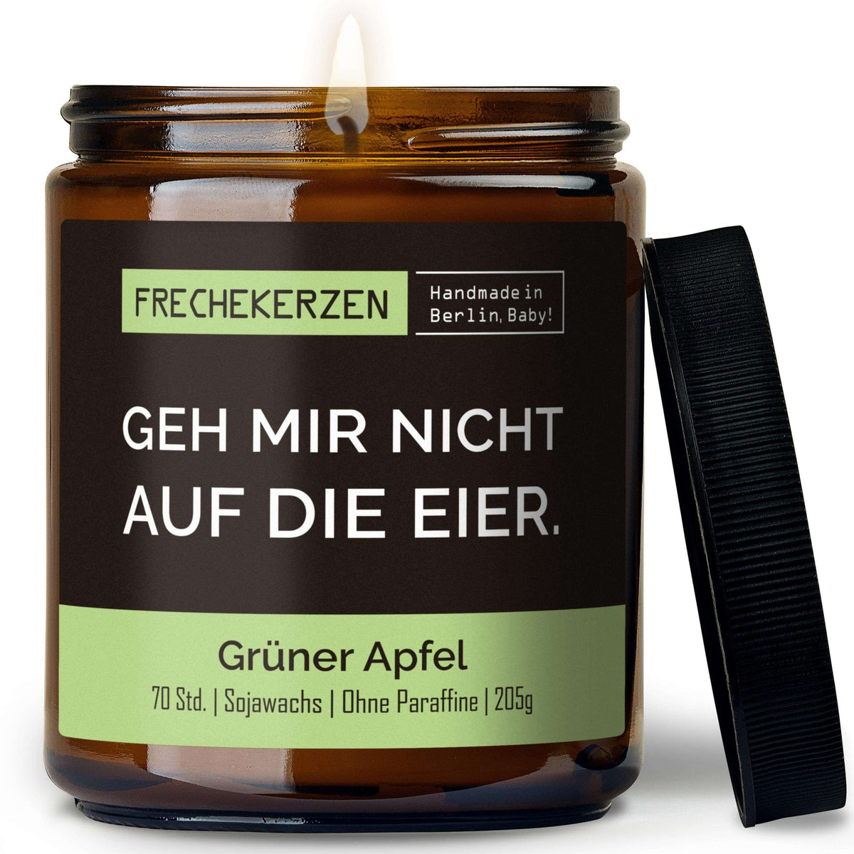 Duftkerze mit Deckel und Spruch „geh mir nicht auf die eier“ – Lustige Kerze im Glas – Humorvolle Geschenkidee & freche Deko