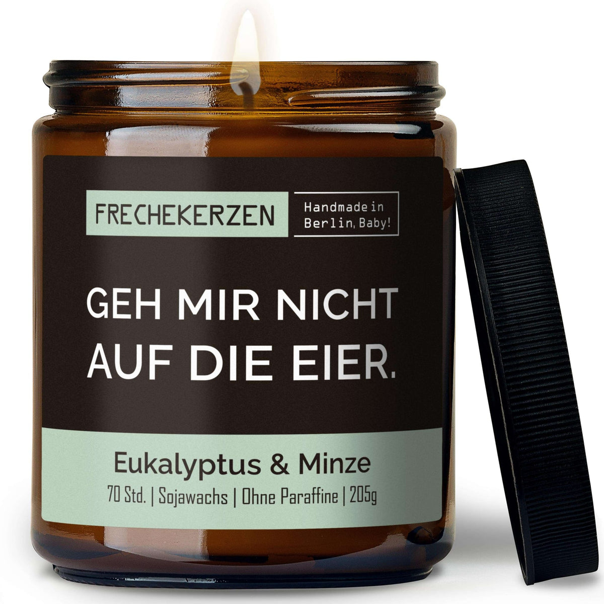 Duftkerze mit Deckel und Spruch „geh mir nicht auf die eier“ – Lustige Kerze im Glas – Humorvolle Geschenkidee & freche Deko