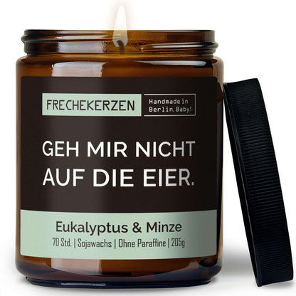 Duftkerze mit Deckel und Spruch „geh mir nicht auf die eier“ – Lustige Kerze im Glas – Humorvolle Geschenkidee & freche Deko