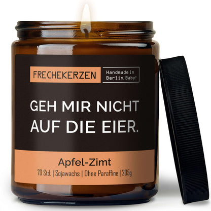 Duftkerze mit Deckel und Spruch „geh mir nicht auf die eier“ – Lustige Kerze im Glas – Humorvolle Geschenkidee & freche Deko