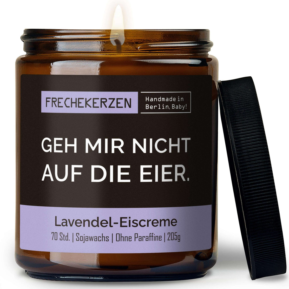 Duftkerze mit Deckel und Spruch „geh mir nicht auf die eier“ – Lustige Kerze im Glas – Humorvolle Geschenkidee & freche Deko