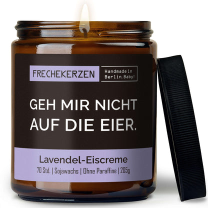 Duftkerze mit Deckel und Spruch „geh mir nicht auf die eier“ – Lustige Kerze im Glas – Humorvolle Geschenkidee & freche Deko