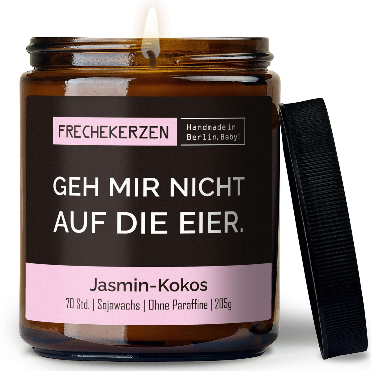 Duftkerze mit Deckel und Spruch „geh mir nicht auf die eier“ – Lustige Kerze im Glas – Humorvolle Geschenkidee & freche Deko