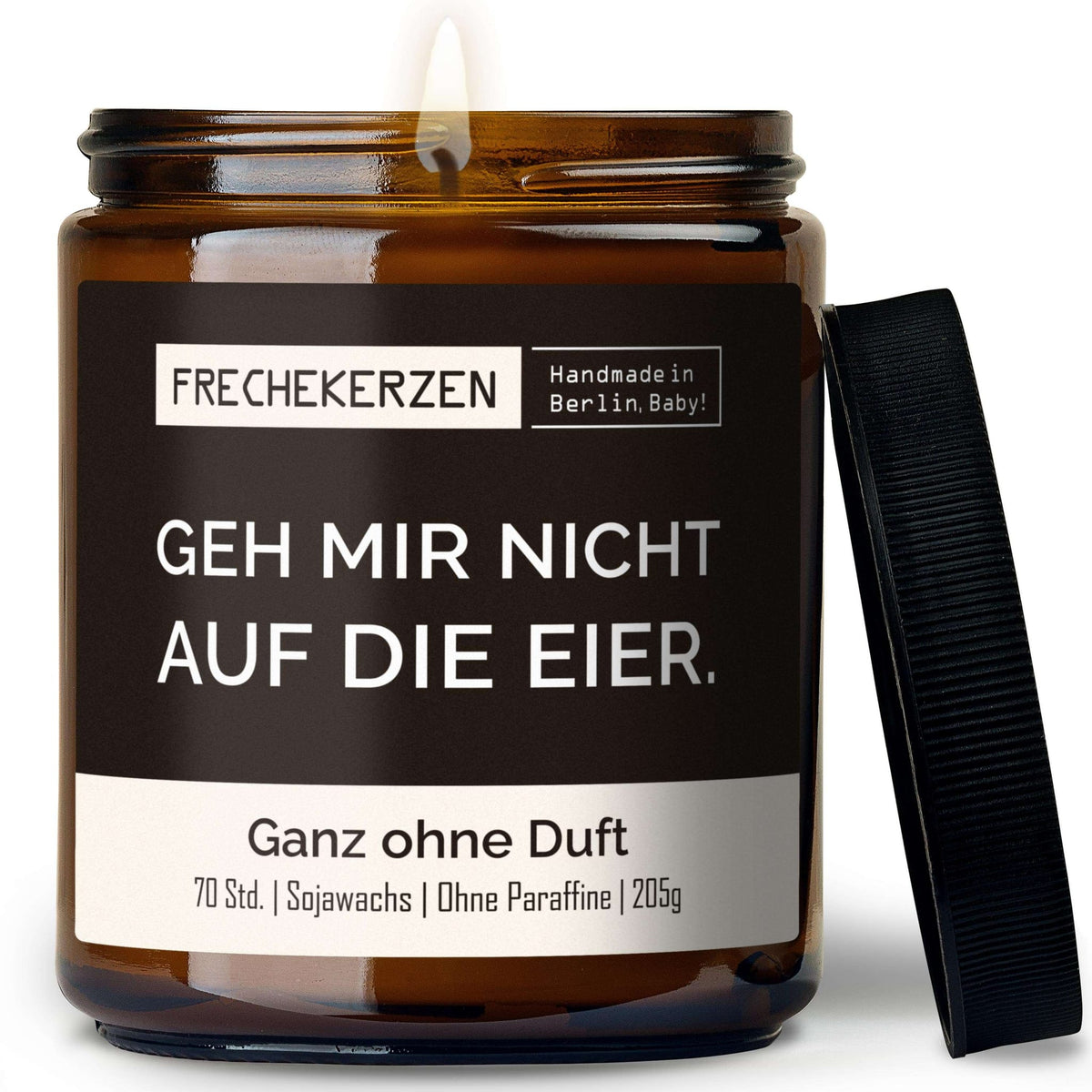 Duftkerze mit Deckel und Spruch „geh mir nicht auf die eier“ – Lustige Kerze im Glas – Humorvolle Geschenkidee & freche Deko