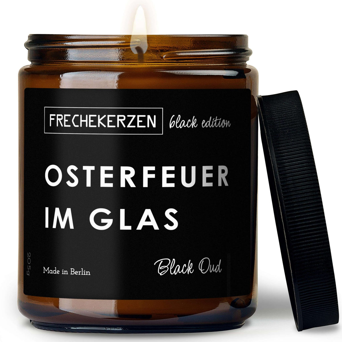 Duftkerze Black Edition mit Spruch „osterfeuer im glas“ – Freche Kerze im Glas – Humorvolle Oster Geschenkidee & moderne Frühlingsdeko