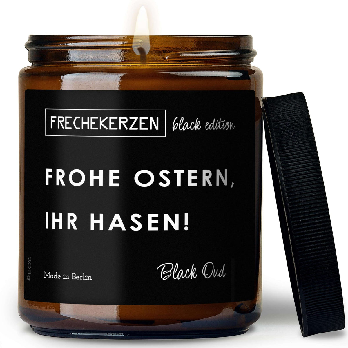 Freche Duftkerze Black Edition mit Spruch „frohe ostern, ihr hasen!“ – Lustige Oster Kerze im Glas – Humorvolle Geschenkidee & Frühlingsdeko