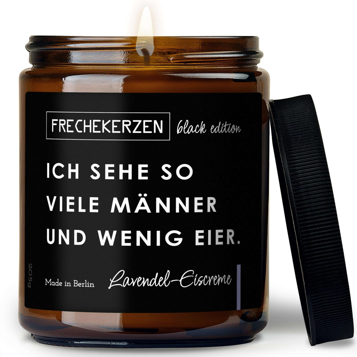 Freche Kerze Black Edition mit Spruch „ich sehe so viele männer und wenig eier“ – Duftkerze im Glas mit Humor – Geschenkidee für Freunde Büro & Wohnzimmer