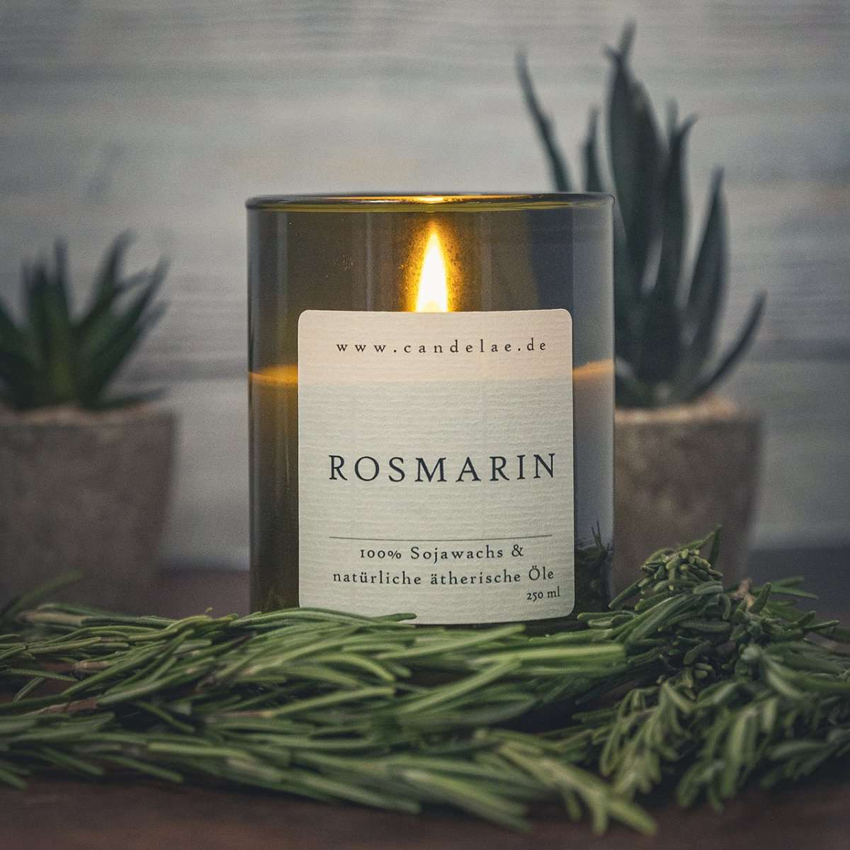 Rosmarin Duftkerze – Handgefertigte Sojawachskerze – 250ml – Kräuterfrischer Duft aus ätherischem Rosmarin – Nachhaltige Kerze im Upcycling-Weinglas