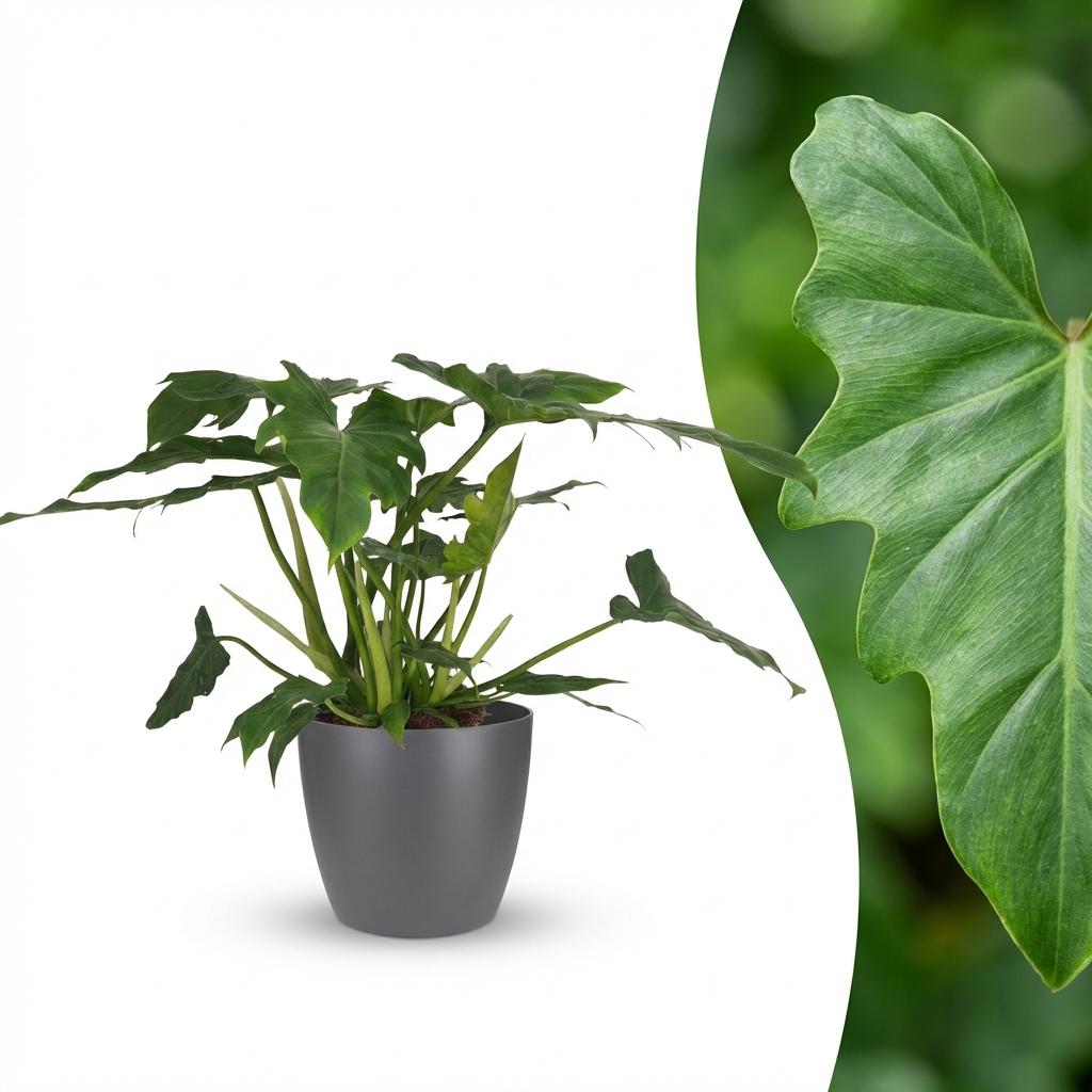 Green boutiQ - Zimmerpflanze - Philodendron Lacerum - Grün - Pflegeleicht - 1 Pflanze - Inklusive grauem Topf - Topf Ø 19cm - Höhe 65cm 