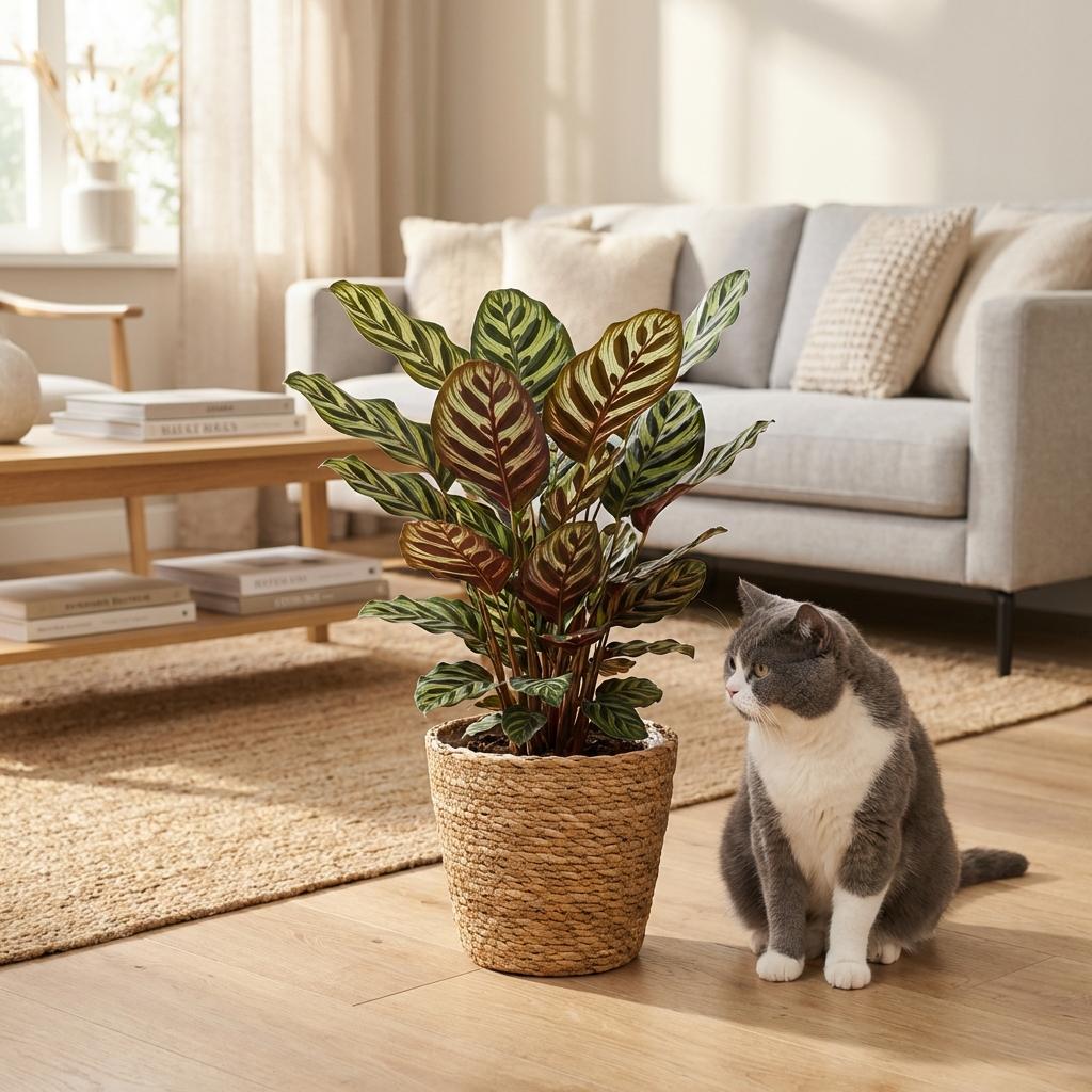 Calathea Makoyana Pfauen Korbmarante 70cm – Zimmerpflanze im Korb Ø19cm – dekorative Blattzeichnung in Grüntönen mit violetter Unterseite – pflegeleicht für Wohnung & Büro, ideal bei Halbschatten 