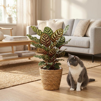 Calathea Makoyana Pfauen Korbmarante 70cm – Zimmerpflanze im Korb Ø19cm – dekorative Blattzeichnung in Grüntönen mit violetter Unterseite – pflegeleicht für Wohnung & Büro, ideal bei Halbschatten 