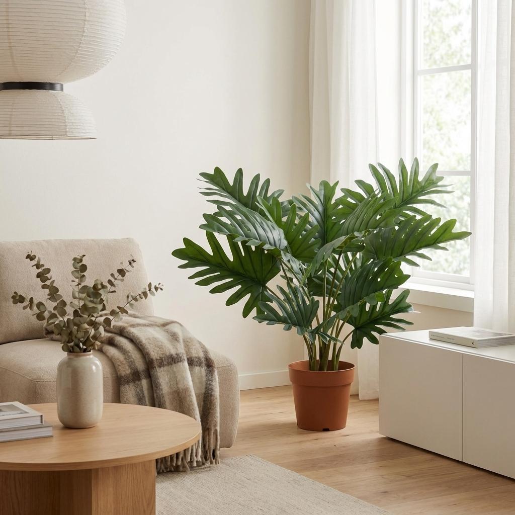 Philodendron Selloum Kunstpflanze 70cm – Große Blätter Deko Pflanze – Pflegefreie Zimmerpflanze für Wohnzimmer Büro & Regal - Oasis of Life